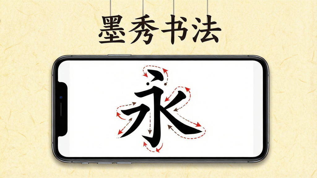 一张展示墨秀书法笔画拆解功能的示意图,画面中央是一部手机,屏幕上显示着一个“永”字被拆解为点、横、竖、钩等笔画,每个笔画旁边有红色箭头标注运笔方向,手机上方悬浮着“墨秀书法”四个字,背景是淡黄色宣纸色,风格为教学演示风,细节上笔画动画的虚线轨迹清晰,画质高清,干净整洁,无多余元素