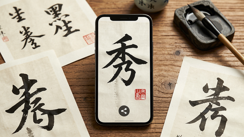一幅展示墨秀书法作品分享功能的图片,画面中央是一部手机,屏幕上显示着一幅用户临摹的楷书作品,作品右下角盖有红色印章,屏幕下方有分享按钮图标,手机周围散落着几张已经打印出来的书法作品,背景是木质桌面和文房四宝,风格为文艺复古,细节上作品墨迹清晰,画质高清,干净整洁,无多余元素