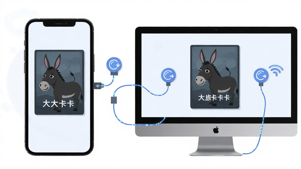 生成一张大黑驴卡牌在手机与电脑模拟器上同时运行的图片,主体是手机和电脑屏幕并排展示同一应用界面,布局左右对称,排版整洁,风格为科技感扁平插画风,细节上有连接线与同步图标,画面干净,无多余元素,画质高清,适合下载站教程配图。