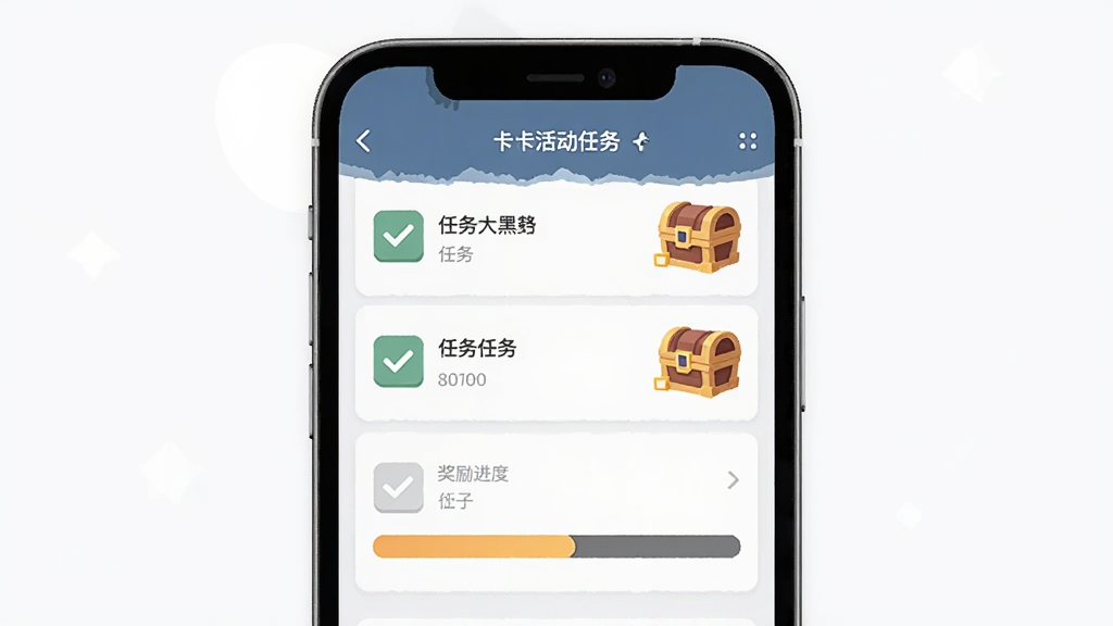 生成一张大黑驴卡牌活动任务界面的图片,主体是手机屏幕显示任务列表与奖励进度条,布局上下分区清晰,排版简洁,风格为清爽扁平UI风,细节上有任务勾选图标与奖励宝箱,画面干净,无多余元素,画质高清,适合下载站功能展示。