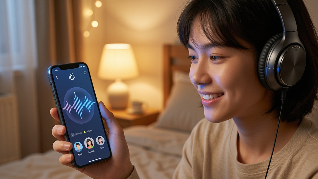 一张展示心旋APP语音互动功能的场景图,画面中一位年轻人戴着耳机,面带微笑看着手机屏幕,手机屏幕显示着心旋的语音聊天界面,有跳动的音波纹理和用户头像。背景是温馨的卧室一角,暖色调灯光。风格为写实生活摄影感,细节包括耳机质感、屏幕光晕、人物自然的表情。画质高清,画面干净,无多余元素。
