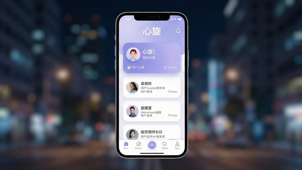 一张展示心旋APP核心界面的手机样机图,画面中央是一部现代智能手机,屏幕显示着心旋应用的首页,界面以柔和的浅紫色和白色为主色调,顶部有“心旋”文字Logo,中间是卡片式用户推荐列表,底部是导航栏。背景是干净的城市夜景虚化效果,风格为现代科技感UI展示,细节包括圆角图标、细腻的阴影和渐变色彩。画质高清,画面干净,无多余元素。