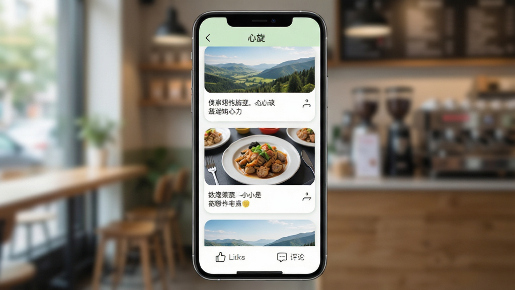 一张展示心旋APP动态广场界面的手机截图风格图,画面手机屏幕显示瀑布流式的图文动态卡片,卡片上有风景照、美食照和简短的心情文字,底部有点赞和评论图标。界面配色清新明亮,以白色和淡绿色为主。背景是模糊的咖啡馆场景。风格为现代APP展示图,细节包括卡片圆角、清晰的文字排版、舒适的留白。画质高清,画面干净,无多余元素。