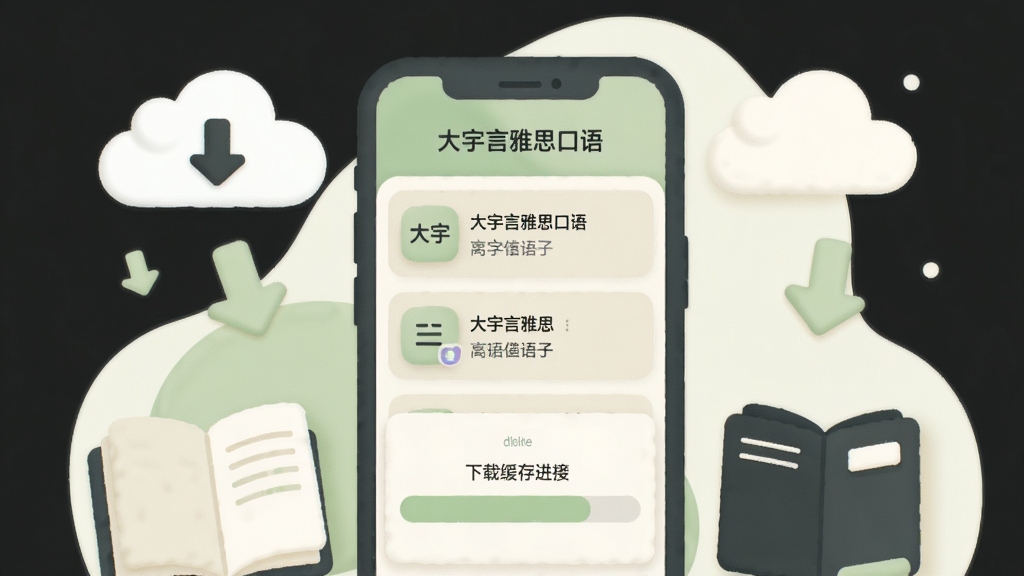 一幅表现大宇言雅思口语离线练习与错题回顾功能的场景插画,画面主体是手机屏幕展示错题本列表和下载缓存进度条,旁边有云朵、下载箭头、书本等元素点缀,采用柔和圆角扁平风格,配色以浅绿、米白和深灰为主,布局清爽,画质干净,图片中文字包含“大宇言雅思口语”