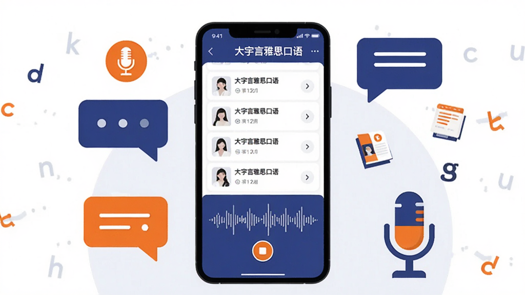 一张展示手机屏幕中运行大宇言雅思口语应用的场景图,画面主体是一部竖屏智能手机,屏幕内呈现雅思口语题库列表与录音波形界面,手机周围环绕着英文字母、对话气泡、麦克风图标等学习元素,整体采用扁平化插画风格,配色以深蓝、白色和亮橙色为主,布局居中,背景干净简洁,画质清晰,无多余元素,图片中文字内容包含“大宇言雅思口语”