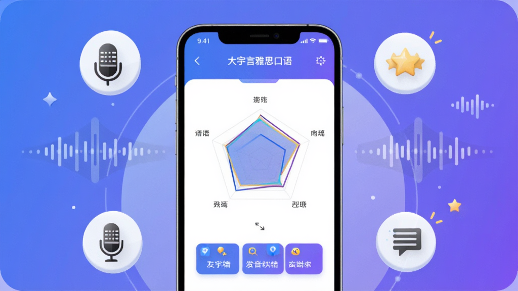 一幅展示大宇言雅思口语AI评测功能的界面示意图,画面中央是一部手机,屏幕显示口语评分雷达图和发音纠错标注,周围有麦克风、声波、星星评分等图标环绕,采用现代科技感插画风格,配色以蓝紫色渐变和白色为主,排版简洁明了,画质干净清晰,图片中文字包含“大宇言雅思口语”