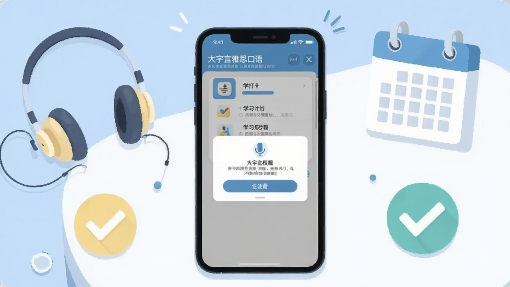 一幅展示大宇言雅思口语移动端使用技巧的示意图,画面中一部手机放置在桌面上,屏幕显示学习计划打卡界面和麦克风权限设置弹窗,旁边有耳机、日历、对勾图标等元素,采用清新浅色扁平插画风格,配色以浅蓝、白色和淡黄为主,排版整洁,画质清晰,图片中文字包含“大宇言雅思口语”