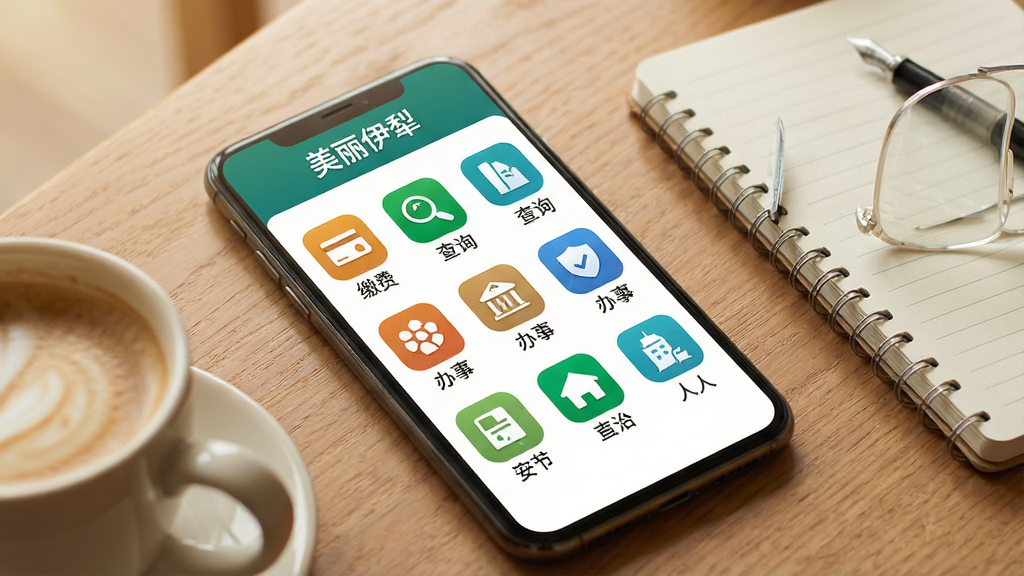 一张展示“美丽伊犁”APP便民服务功能的场景图。主体是一部手机,屏幕显示着九宫格排列的服务图标,如“缴费”、“查询”、“办事”等,每个图标下方有文字说明。布局上手机斜放于桌面,旁边有一杯咖啡和笔记本。排版整洁。风格为温馨的生活化产品摄影风格。细节包括手机屏幕上的“美丽伊犁”顶部标题和清晰的图标设计。画质高清,干净,无多余元素。