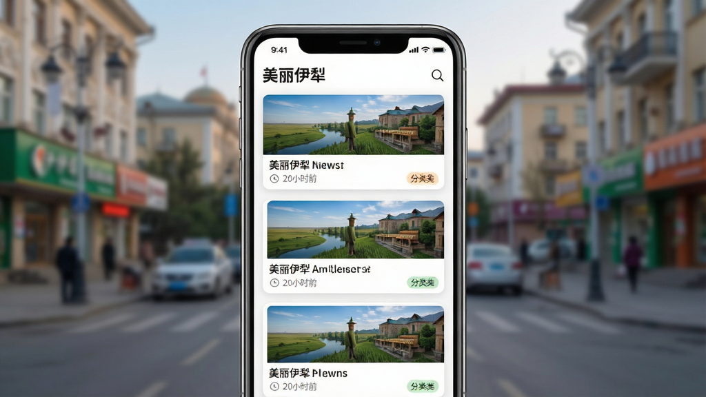 一幅描绘“美丽伊犁”APP资讯页面的AI生图。主体为手机屏幕特写,屏幕内显示着图文并茂的新闻列表,标题清晰可见“美丽伊犁”字样。布局为手机居中,背景是模糊的伊犁城市街景。排版上新闻卡片错落有致。风格为简洁的现代移动端界面设计。细节包括新闻缩略图、发布时间和分类标签。画质高清,干净,无多余元素。