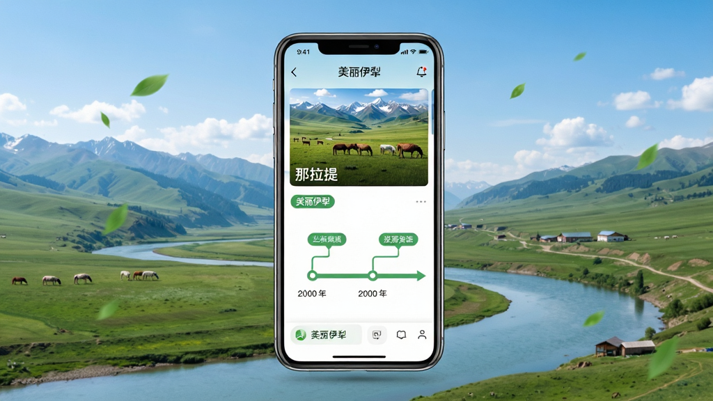 一幅展现“美丽伊犁”APP旅游板块的创意图。主体为手机屏幕悬浮在伊犁河谷风景上方,屏幕内显示着那拉提草原的图片和“美丽伊犁”推荐的旅游路线。布局为手机与风景虚实结合。排版上路线图以时间轴形式呈现。风格为清新自然的旅游宣传风格。细节包括手机屏幕上的景点名称“那拉提”和推荐标签。画质高清,干净,无多余元素。