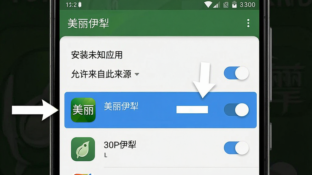 一张展示“美丽伊犁”APP安装权限设置界面的示意图。主体为安卓手机屏幕,显示着“安装未知应用”的权限开关列表,其中“美丽伊犁”被高亮标注。布局为手机界面截图风格。排版清晰,有箭头指示操作步骤。风格为简洁的教程图示。细节包括“允许来自此来源”的开关按钮和“美丽伊犁”的应用图标。画质高清,干净,无多余元素。