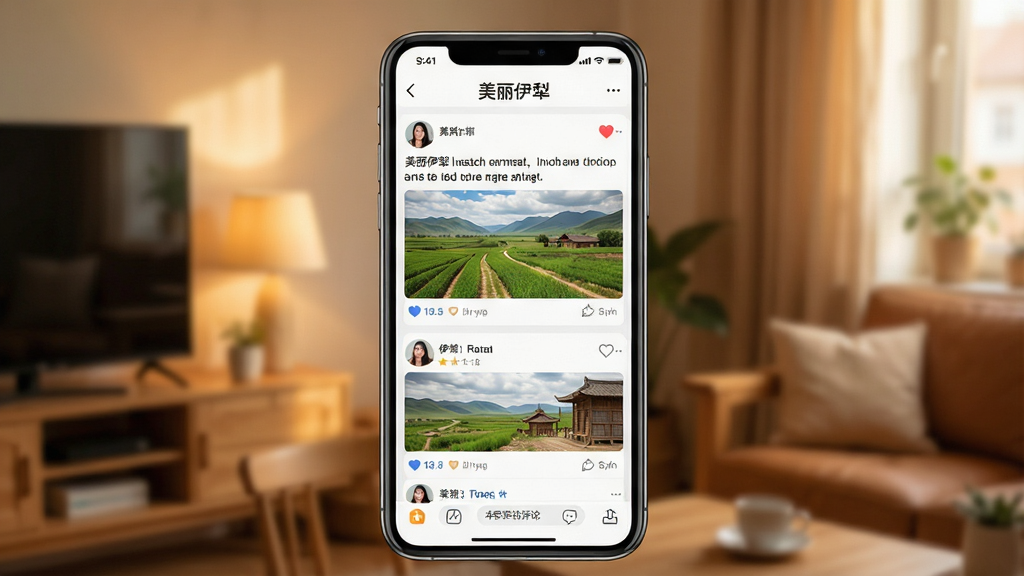 一张描绘“美丽伊犁”APP社区互动界面的图片。主体为手机屏幕,显示着用户发布的图文动态和评论区,顶部有“美丽伊犁”的社区标题。布局为手机居中,背景是温暖的室内环境。排版上动态卡片以瀑布流形式排列。风格为社交应用界面展示。细节包括用户头像、点赞图标和评论文字。画质高清,干净,无多余元素。