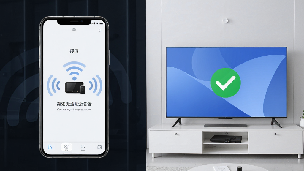 门店投屏一键无线投屏功能展示,主体是一部手机屏幕显示正在搜索附近设备,布局为左右分屏,左侧手机右侧电视,排版简洁明了,风格为现代科技感,细节包括无线信号波纹和连接成功对勾图标,画质高清,干净,无多余元素