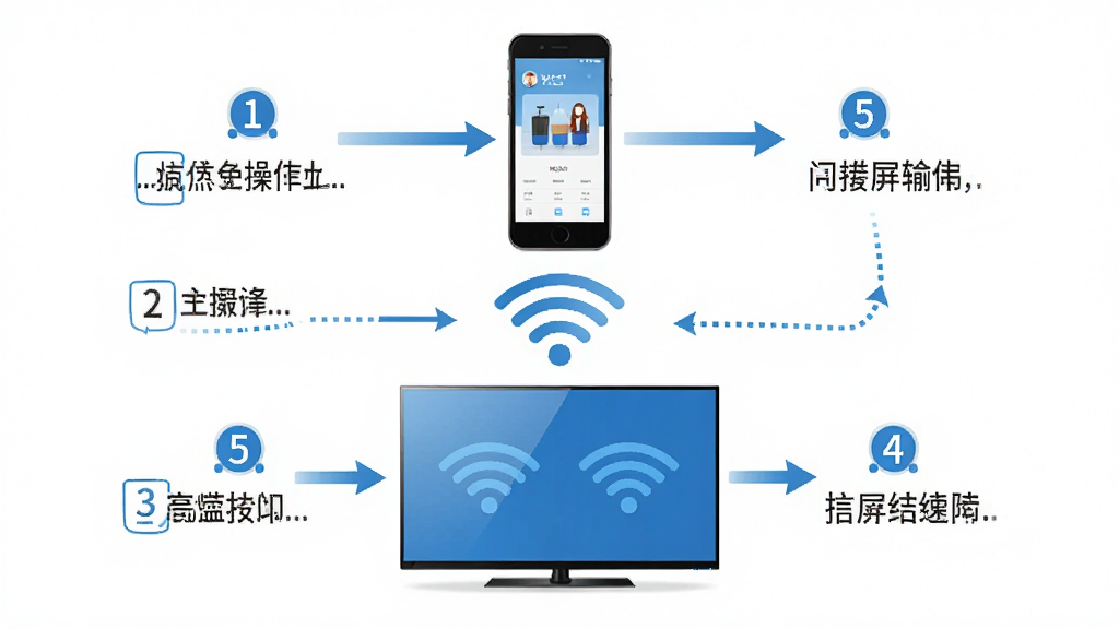 门店投屏使用指南示意图,主体是手机和电视通过WiFi信号连接,布局为上下结构上方手机下方电视,排版清晰标注操作步骤,风格为信息图表风,细节包括步骤数字和连接箭头,画质高清,干净,无多余元素
