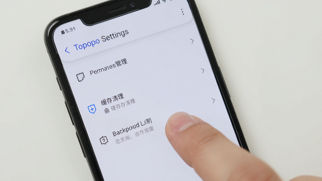 一部手机屏幕显示Topopo软件的设置页面,页面上有权限管理、缓存清理、后台限制等选项,画面中有手指正在点击屏幕,背景为简洁的浅色界面,整体风格干净利落,画质清晰,无多余元素