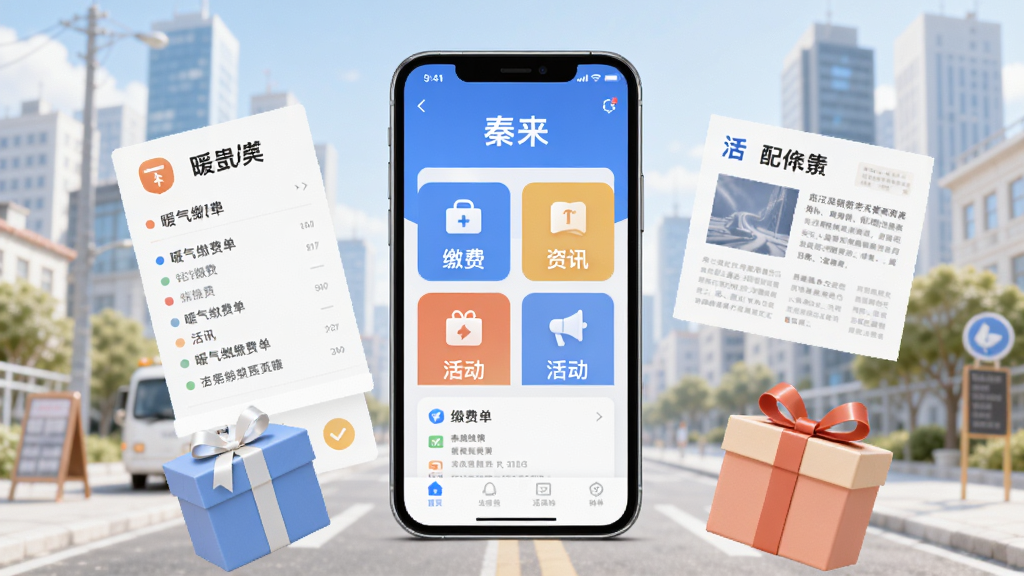 整体画面以明亮城市生活场景为背景,中央放置一部智能手机,手机屏幕显示