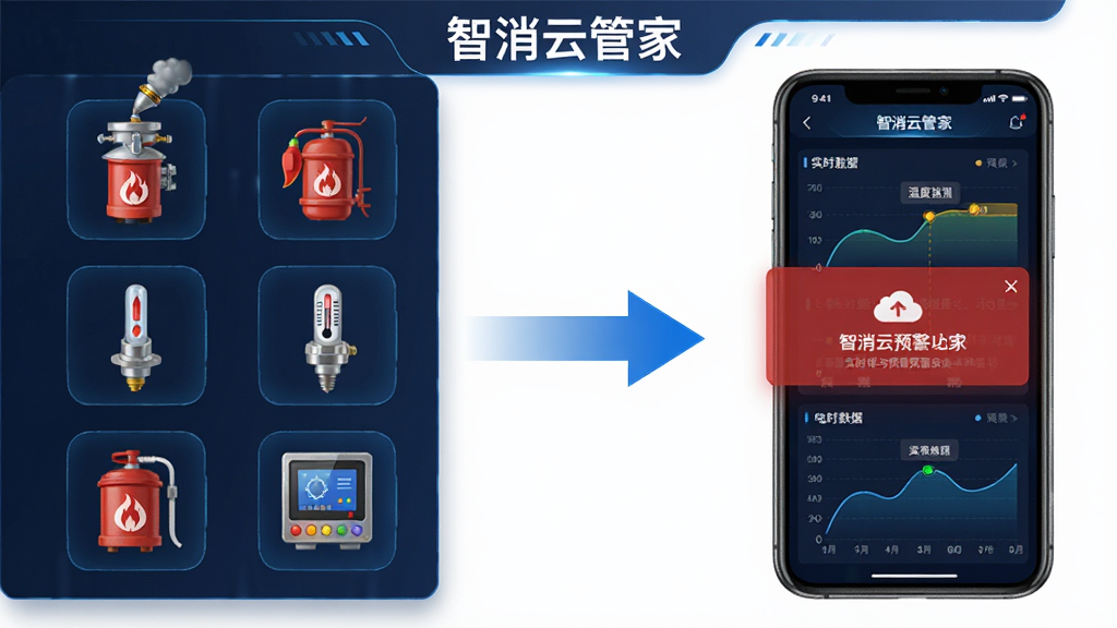 智消云管家实时监测与智能预警功能展示图,画面左侧为各类消防设备图标,右侧为手机屏幕显示红色预警弹窗和实时数据曲线,中间用蓝色箭头连接表示数据传输,布局清晰,风格为科技感信息图,细节包含烟雾传感器、温度传感器和电气监控模块,画质清晰干净,无多余元素,图中文字“智消云管家”