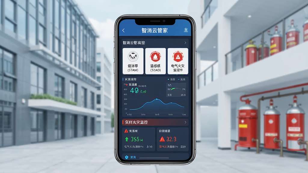 一张展示智消云管家软件主界面的图片,画面中央是手机屏幕,屏幕内显示智能消防设备监控面板,包含烟感、温感、电气火灾监控等图标和数据状态,背景为现代办公楼与消防设施,布局简洁明了,风格为科技感扁平化设计,细节包含蓝色数据线条和实时报警提示,画质清晰干净,无多余元素