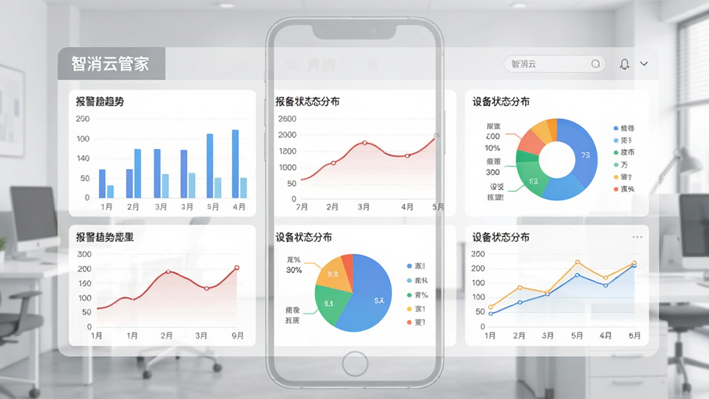 智消云管家数据统计与报表分析功能界面图,画面为手机屏幕显示柱状图、饼图和折线图组合的数据看板,背景为浅灰色办公环境,布局为上下结构,风格为简约数据可视化风格,细节包含报警趋势曲线和设备状态分布饼图,画质清晰干净,无多余元素,图中文字“智消云管家”