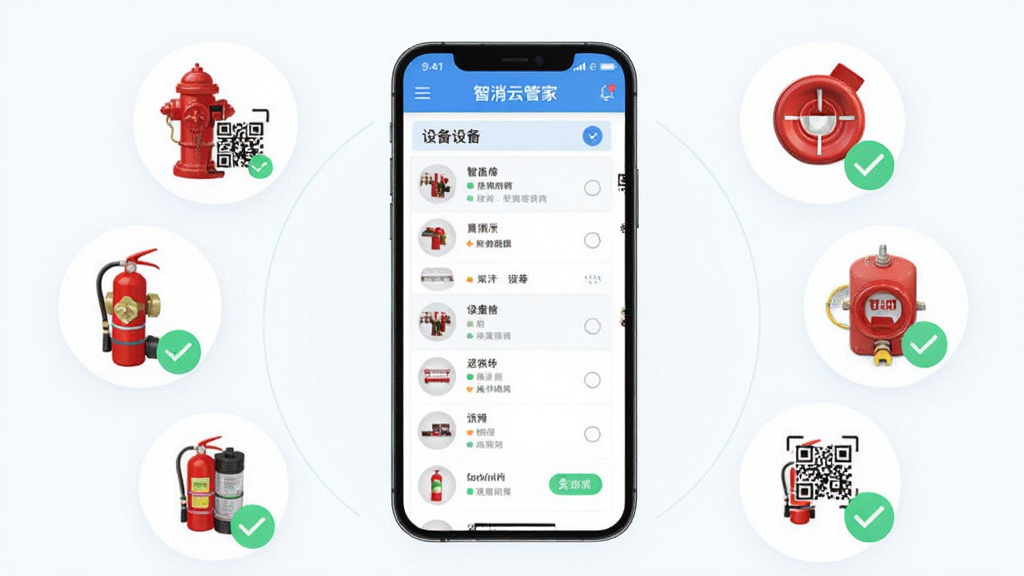 智消云管家设备管理与巡检记录功能示意图,画面中央为手机屏幕显示设备列表和巡检表单,周围环绕消防栓、灭火器、报警器等设备图标,布局为环绕式,风格为清新商务风,细节包含二维码扫描标识和绿色对勾完成标记,画质清晰干净,无多余元素,图中文字“智消云管家”