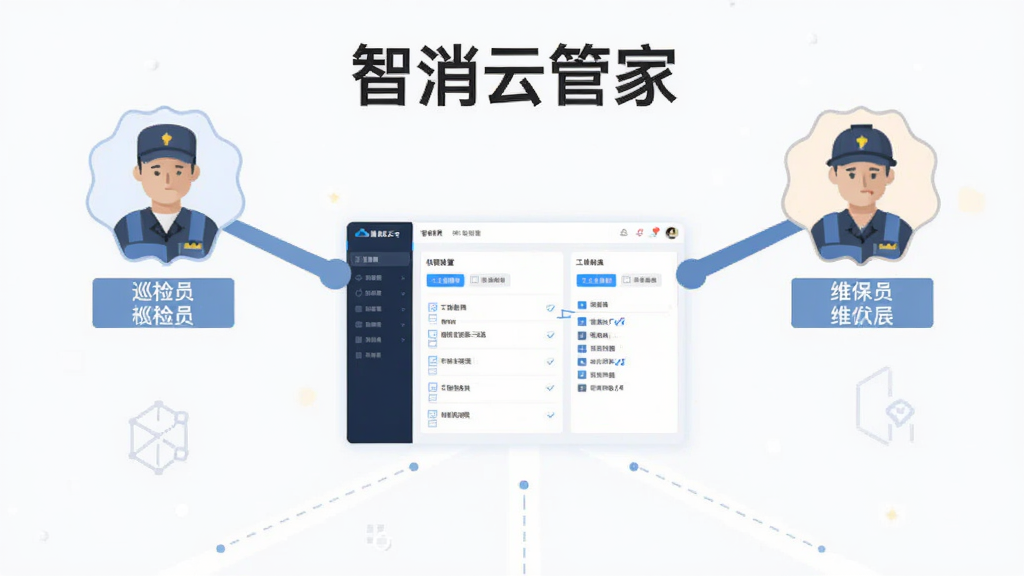 智消云管家多角色协同与权限分配功能展示图,画面为三个不同角色的人物图标分别连接至中央管理平台,平台显示权限设置界面和工单流转状态,布局为星型拓扑结构,风格为现代扁平化商务插画,细节包含管理员、巡检员、维保员角色标识和权限勾选列表,画质清晰干净,无多余元素,图中文字“智消云管家”