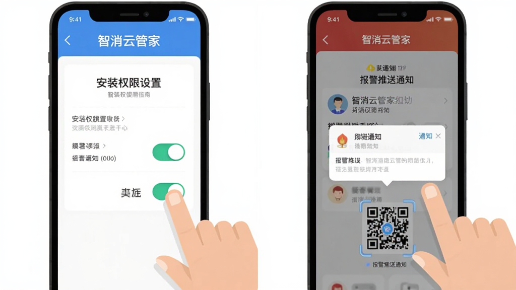 智消云管家移动端使用指南示意图,画面为手机屏幕显示安装权限设置界面和报警推送通知,旁边有手指点击操作示意,布局为左右分栏,风格为扁平化教学插画,细节包含权限开关、通知弹窗和扫码图标,画质清晰干净,无多余元素,图中文字“智消云管家”