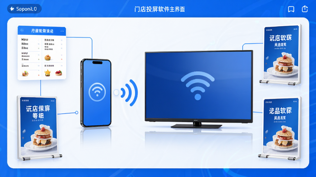 门店投屏软件主界面展示,画面中央为手机与电视通过无线信号连接的示意图,周围环绕门店、菜单、广告海报等商业元素,整体采用蓝色与白色科技风格,布局简洁清晰,细节丰富,画质高清,干净无多余元素