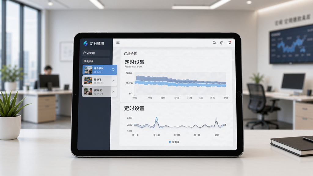 门店投屏后台管控与定时播放功能展示,画面中一台平板电脑显示后台管理界面,包含播放列表、时间轴和定时设置,背景为门店办公室,风格商务简洁,细节丰富,画质高清,干净无多余元素