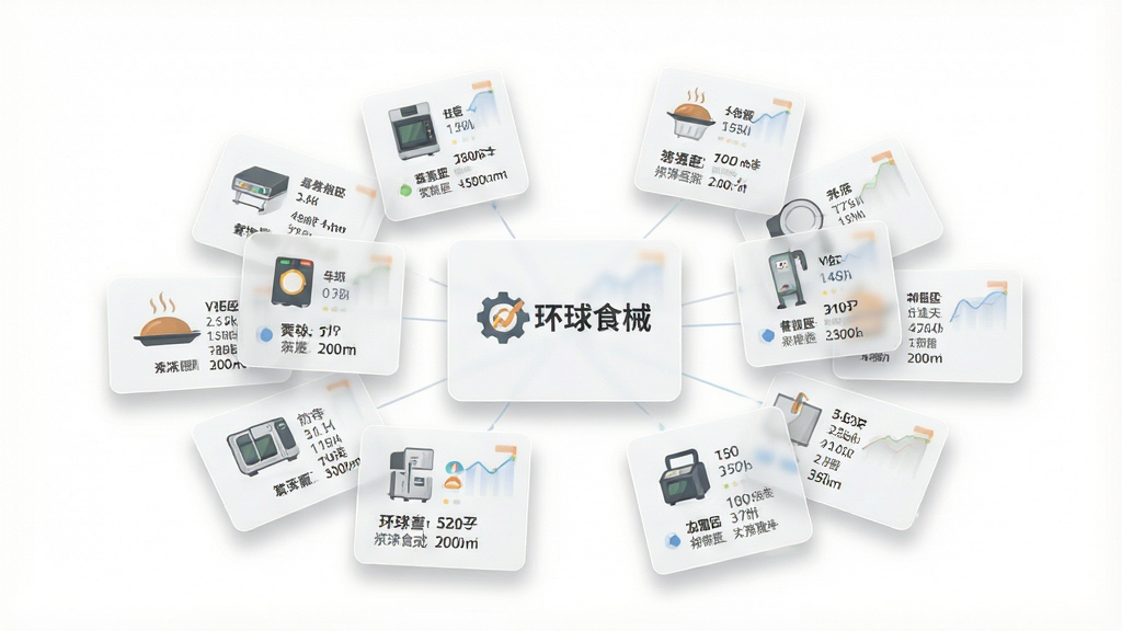 一张“环球食械”软件功能介绍图,主体为悬浮在空中的多个半透明数据卡片,每张卡片上展示着不同餐饮设备的图标和参数信息,布局呈放射状排列,排版错落有致,风格为扁平化信息图表风,细节上卡片带有轻微的阴影和圆角,背景为干净的白色,画质清晰,干净,无多余元素