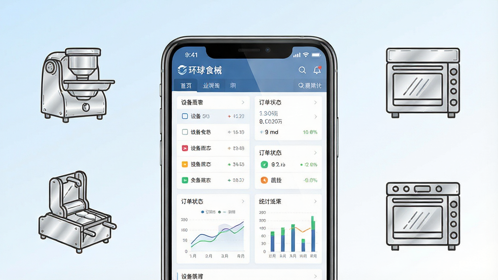 一张展示“环球食械”移动端应用界面的宣传图,主体为一部智能手机,屏幕上清晰呈现餐饮设备管理后台的仪表盘界面,包含设备列表、订单状态和统计图表,布局采用居中构图,手机两侧环绕着不锈钢商用厨房设备如和面机、切片机、烤箱的简洁线稿图标,排版整洁有序,风格为现代科技商务风,细节上手机屏幕带有轻微反光质感,背景为浅蓝到白色的渐变,画质清晰,干净,无多余元素