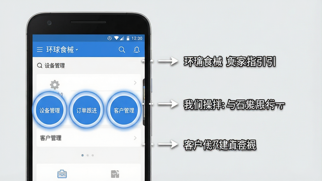 一张“环球食械”手机端操作指引示意图,主体为一部安卓手机展示应用主界面,布局采用左侧手机右侧标注说明的排版,风格为简洁教程风,细节上界面中“设备管理”“订单跟进”“客户管理”三个按钮用蓝色圆圈高亮标出,背景为浅灰色,画质清晰,干净,无多余元素
