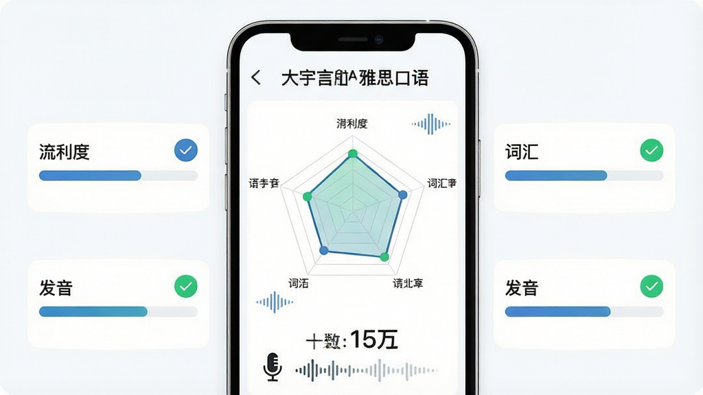 一张展示大宇言雅思口语AI评分功能的界面截图风格插图,主体为手机屏幕中央显示口语评分雷达图和分数数字,周围分布流利度、词汇、语法、发音四个维度的进度条,布局为上下结构上方标题下方数据面板,风格为清爽简约的UI设计风格,细节包含麦克风图标、声波纹理和绿色对勾标记,画质高清干净,画面中文字标注“大宇言雅思口语”,无多余元素