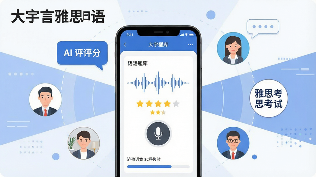 一张展示大宇言雅思口语软件核心功能的全景图,主体为一部智能手机屏幕显示口语题库练习界面,周围环绕AI评分气泡、外教头像图标和雅思考试标志,布局采用中心向外辐射的排版方式,风格为现代科技感扁平插画,细节包含麦克风录音按钮、波形图、评分星星和进度条,画质清晰干净,画面中文字标注“大宇言雅思口语”,无多余元素