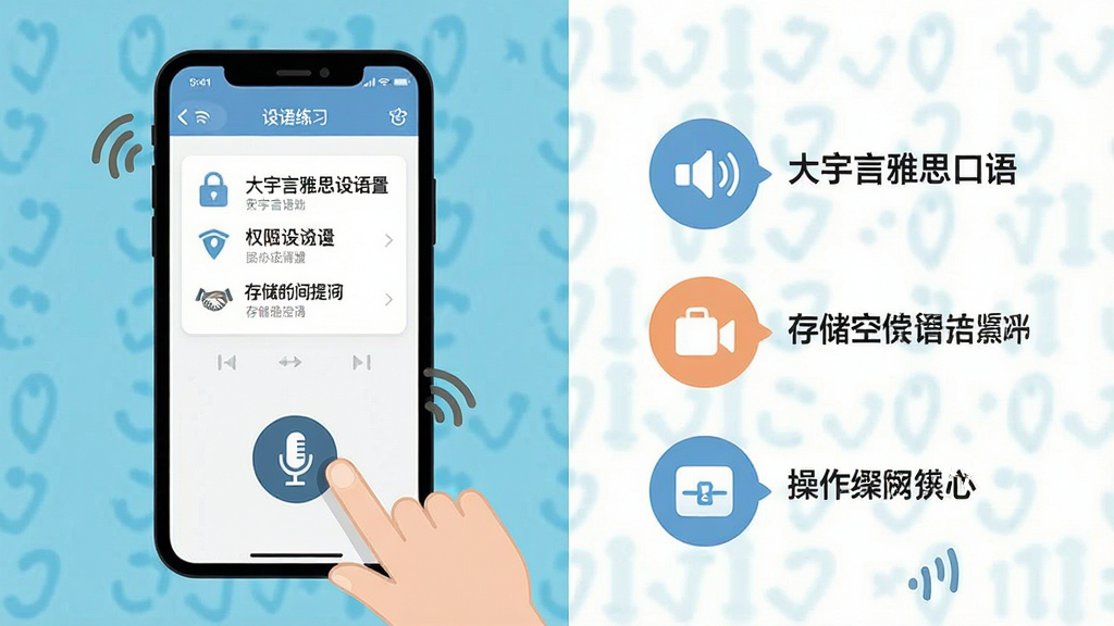 一张展示大宇言雅思口语使用技巧的示意图,主体为手机屏幕显示口语练习界面,旁边有手指点击麦克风按钮的动作示意,布局为左右分栏左侧手机右侧操作步骤图标,风格为扁平化教程插画风格,细节包含权限设置图标、存储空间提示和网络信号标识,画质清晰干净,画面中文字标注“大宇言雅思口语”,无多余元素