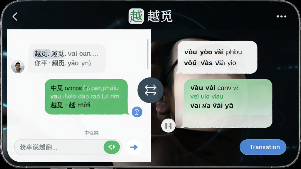 手机聊天界面中展示“越觅”翻译聊天功能,左侧中文输入框,右侧越南语翻译结果,中间有双向箭头图标,界面背景清爽,顶部显示越觅Logo,风格简洁科技感,细节包含对话气泡和翻译按钮,画质高清,干净,无多余元素