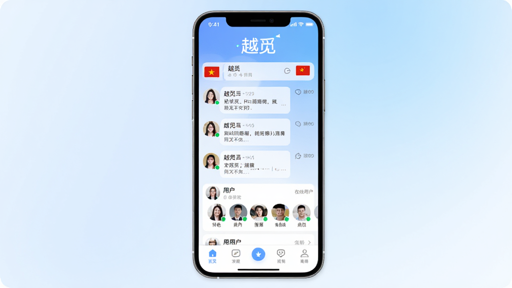 手机屏幕中显示越觅应用主界面,上方是品牌Logo“越觅”,中间为聊天列表和在线用户头像,下方是底部导航栏,背景为柔和渐变蓝白色调,整体布局简洁清晰,风格现代社交应用,细节包含越南与中国国旗小图标点缀,画质高清,干净,无多余元素