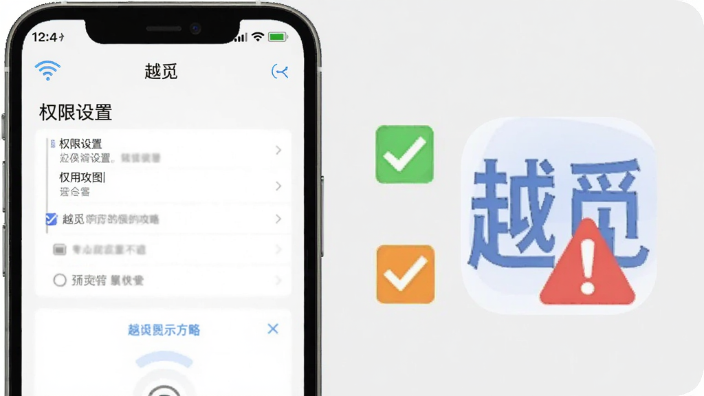 越觅移动端使用攻略示意图,手机屏幕显示权限设置页面和越觅图标,旁边有勾选和警告标志,背景为浅灰色,风格教程类,细节包含WiFi图标和电池图标,画质高清,干净,无多余元素