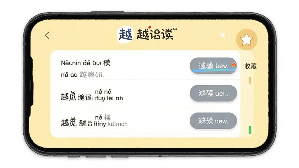 越觅语言学习辅助界面,手机屏幕上展示越南语短语列表和发音按钮,旁边有“收藏”图标,背景为淡黄色学习风格,顶部显示越觅Logo,细节包含中越双语对照和进度条,画质高清,干净,无多余元素