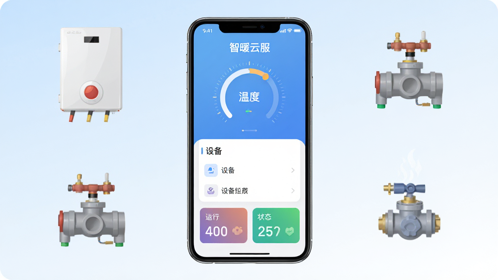 �����������һ�������ֻ�����Ļ����ʾ����ů�Ʒ���APP�����棬��������¶ȵ���Բ�̡��豸�б�������״̬��Ƭ���ֻ���Χ�ֲ��ڹ�¯���¿�������ů��ˮ��������ˮ����ůͨ�豸ͼ�꣬����ǳ�����ɫ���䱳������ƽ���Ƽ���񣬲��ּ��Գƣ�ϸ�����������ʸɾ����޶���Ԫ�أ�4K����