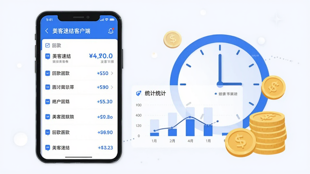 一张表现美客速结-客户端实时数据追踪功能的图片,画面中手机屏幕显示动态更新的回款列表和统计图表,旁边有抽象的时钟和金币元素,整体采用扁平化设计风格,色调以蓝色和白色为主,画面干净整洁,画质清晰
