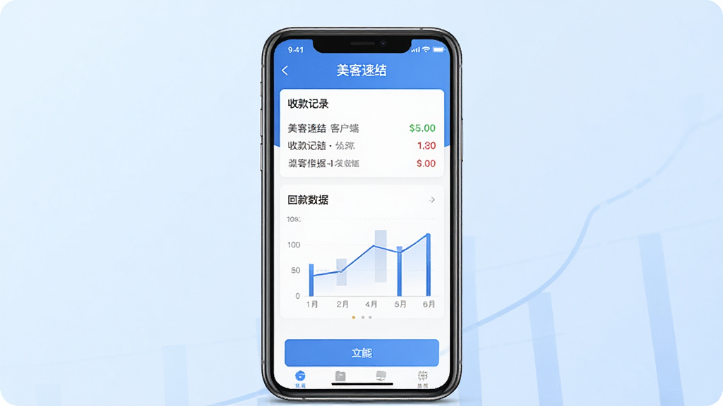 一张展示美客速结-客户端手机界面的预览图,画面中央是一部智能手机,屏幕上显示着美客速结-客户端的主页,页面包含收款记录、回款数据图表和功能按钮,背景为简洁的浅蓝色渐变,整体风格清新商务,细节清晰,画质干净,无多余元素