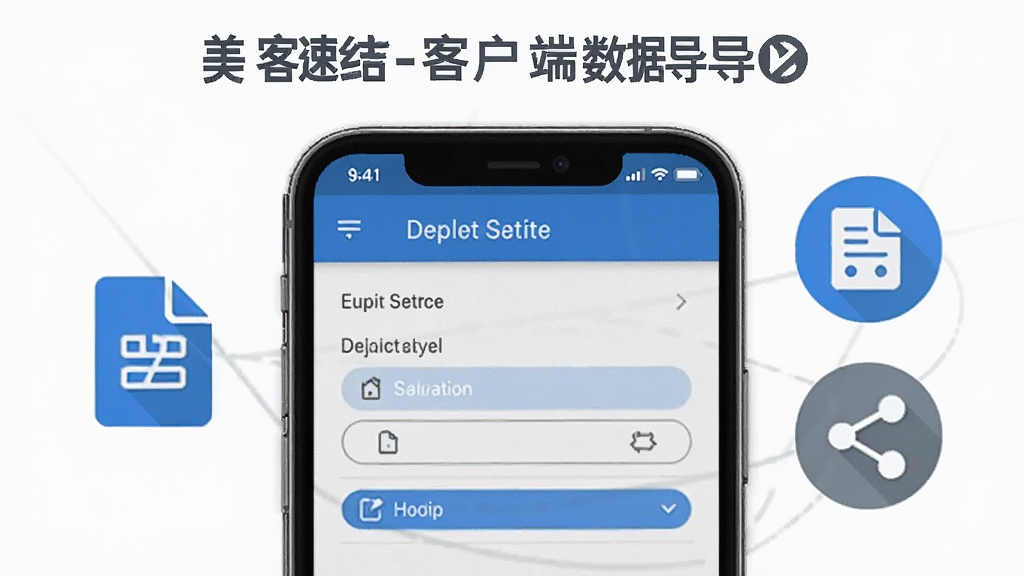一张展示美客速结-客户端数据导出功能的图片,画面中手机屏幕显示导出设置面板和文件格式选项,旁边有文档和分享图标,整体风格商务简洁,色调以蓝色和灰色为主,画质干净清晰