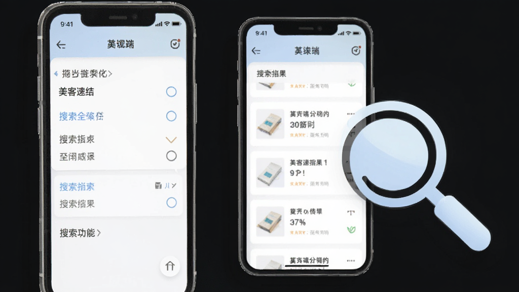 一张表现美客速结-客户端筛选功能的图片,画面中手机屏幕显示筛选条件选项和搜索结果列表,旁边有放大镜图标,整体采用浅色系配色,风格简洁明快,画质清晰,无多余装饰