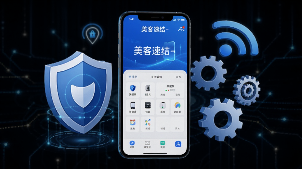 一张展示美客速结-客户端在手机上运行流畅的示意图,画面中手机屏幕显示软件主界面,周围环绕着盾牌、齿轮和网络信号图标,象征安全与稳定,整体风格科技感十足,色调以蓝色和白色为主,画质清晰干净