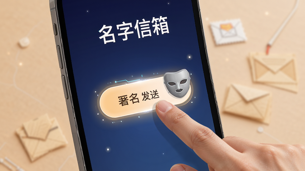 一款名为「名字信箱」的手机APP界面,画面中一只手正点击屏幕上的匿名发送按钮,按钮旁边有一个灰色的面具图标象征匿名,背景是深蓝色渐变,屏幕上方显示「名字信箱」APP名称,整体风格科技感与温暖感结合,细节上按钮有轻微发光效果,画质清晰,干净简洁