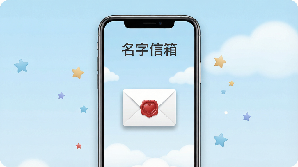 一张干净简约的手机应用界面展示图,画面中央是一部竖屏智能手机,手机屏幕上显示名字信箱APP的主界面,界面顶部有「名字信箱」四个中文字样,中间是一个白色的信封图标,信封上有一个红色爱心封蜡,背景是淡蓝色天空和几朵白云,整体布局居中对称,风格清新治愈,细节上信封带有柔和阴影,手机周围散落几颗小星星装饰,画质高清,干净无多余元素