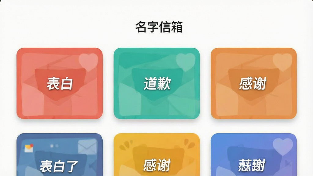 一张手机屏幕截图风格的图片,画面中显示名字信箱APP的信件模板选择页面,页面上有多个卡片式模板预览,每个卡片上有不同的场景标签如「表白」「道歉」「感谢」,卡片背景色各异但整体协调,屏幕顶部有「名字信箱」标题,整体风格扁平化设计,细节上卡片带有圆角和轻微投影,画质高清,干净无多余元素