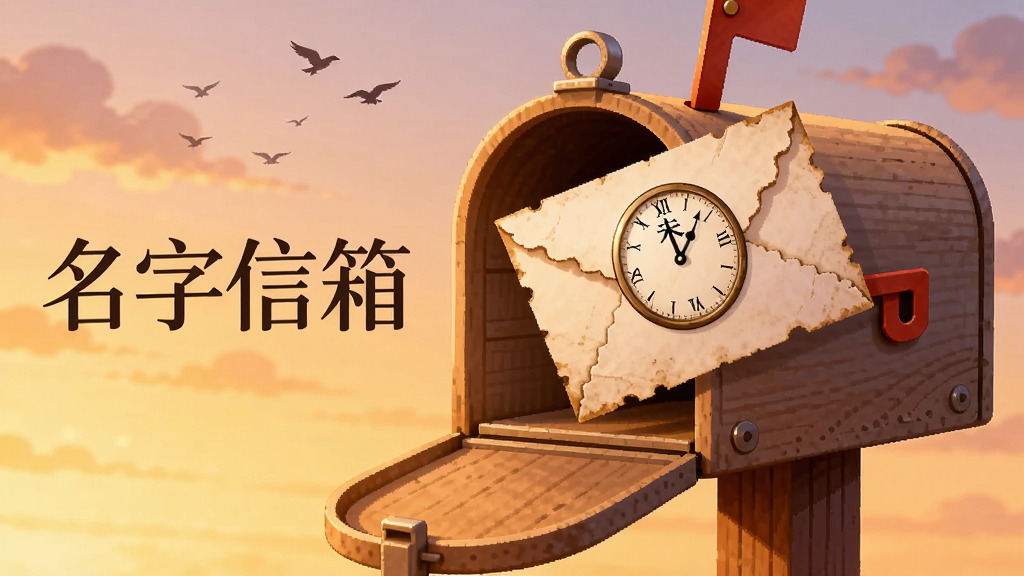 一张AI生成的插画,画面中是一个打开的信箱,信箱里飞出一封带有钟表图案的信件,钟表指针指向未来,背景是黄昏天空和飞鸟,画面左侧有「名字信箱」四个字,整体风格温暖怀旧,细节上信箱是木质纹理,信件边缘微微泛黄,画质高清,干净无多余元素