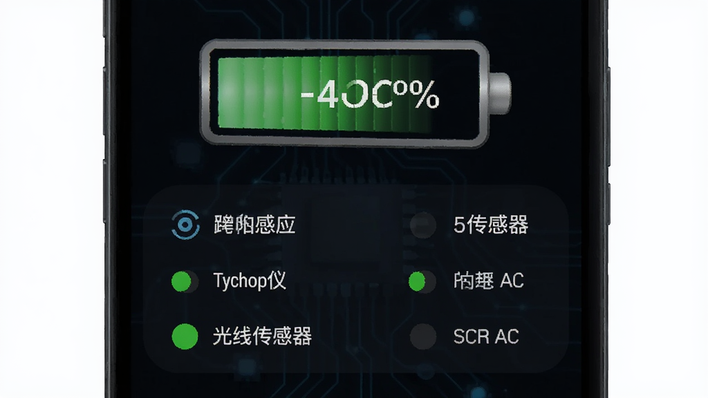 手机信息设备检测的电池与传感器页面,界面中电池图标显示健康度百分比,下方列有重力感应、陀螺仪、光线传感器等状态指示灯,背景为深色科技风格,有微弱的电路纹理,画质清晰,干净无多余元素