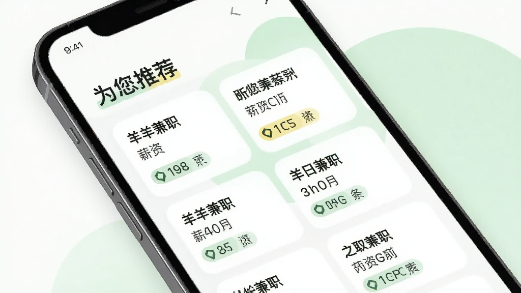 手机界面展示“羊羊兼职”的岗位推荐页面,页面顶部有“为您推荐”字样,下方排列着多个不同类别的兼职卡片,每张卡片上有岗位名称、薪资和地点标签,背景为柔和的白色与浅绿色搭配,整体风格干净清爽,画质清晰,无多余元素。